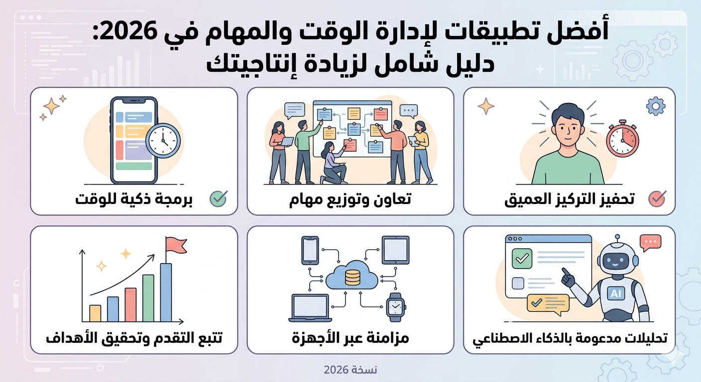أفضل تطبيقات لإدارة الوقت والمهام في 2026: دليل شامل لزيادة إنتاجيتك